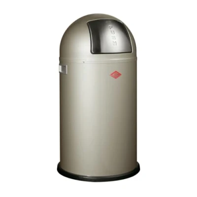 Afbeelding van Wesco Pushboy vuilnisemmer in de kleur nieuwzilver, gepoedercoat plaatstaal, 50 liter volume, grote roestvrijstalen klep, uitneembare binnenbak