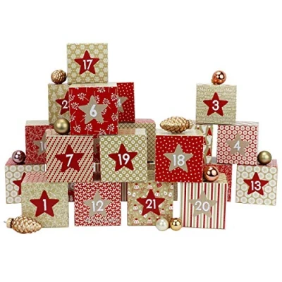 Afbeelding van DIY adventskalender dozen set motief rood beige 24 kleurrijke om op te zetten en vullen door Papierdrachen