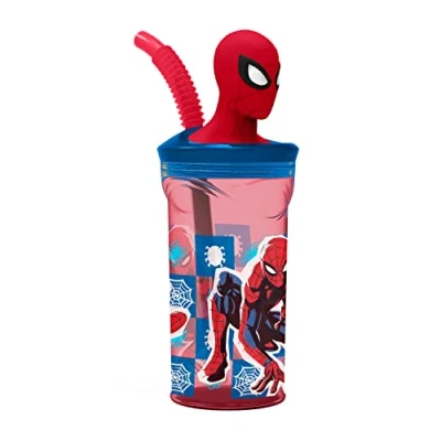 Afbeelding van p:os 35478 Spiderman drinkbeker voor kinderen met geïntegreerd rietje, deksel en 3D figuur, drinkschaal ca. 360 ml inhoud, ideaal koude dranken