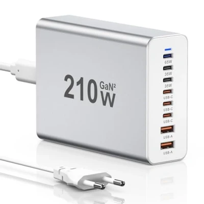 Afbeelding van USB C oplader, 210 W 8 poorts oplaadstation, meerdere opladers, snellader, 【USB A+C】oplaadadadapter, compatibel met iPhone 12/13/14/15/MacBook Pro/Air/Samsung Galaxy S23/S22/S21/Tablets (zilver)