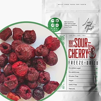 Afbeelding van Gevriesdroogde Zuurkersen Freeze Dried Fruit Sour Cherry Geen Toegevoegde Suikers, Vegan Glutenvrij Gedroogd Gefriergetrocknete Sauerkirschen Puur Natuurlijke Zure Kers ZingyZoo (90g)