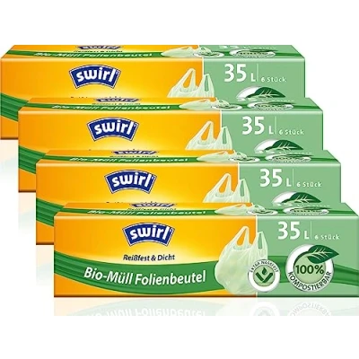 Afbeelding van Swirl Bio vuilnisfoliezak met handvat, 35 liter, 4 rollen (4 x 6 stuks), groen