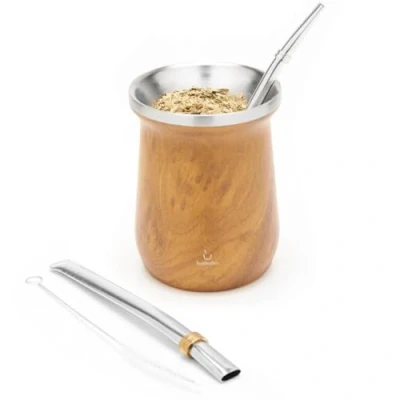 Afbeelding van BALIBETOV Yerba Mate Kit Inclusief een Cup en Bombilla Set RVS Kalebas met Kalebasvorm Gemakkelijk te reinigen onderhouden. (Hout)