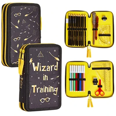 Afbeelding van HARRY POTTER Pennenetui voor kinderen, gevuld met vak, kleurpotloden, viltstiften, schoolbenodigdheden, cadeau school, Zwart/Geel, 27 stuks (1 stuks), modern, Unité (Lot de 1),