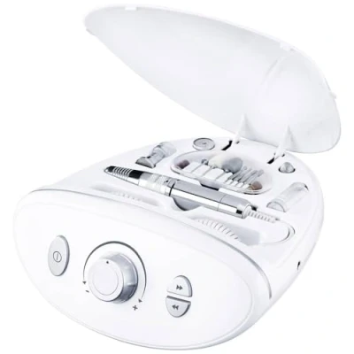 Afbeelding van Beurer MP 100 elektrisch manicure/pedicure station voor professioneel gebruik, 10 opzetstukken van saffier en vilt, kap bescherming tegen nagelstof, tot 20.000 omwentelingen per minuut
