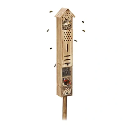 Afbeelding van Relaxdays insectenhotel op paal, hout, insectenhuis tuin, HxBxD: 150 x 15,5 11 cm, bijenhotel, nestkast bijen, naturel