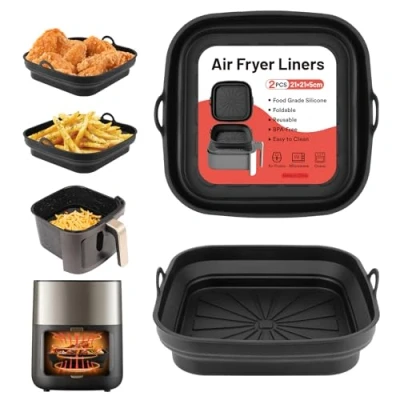 Afbeelding van Alyvisun Air Fryer Siliconen Pot, 2 Stuks Airfryer Pan Liners Herbruikbare Heteluchtfriteuse Mand Vierkant Opvouwbare Tray Rack Accessoires Basket voor Magnetron, Oven (Zwart)