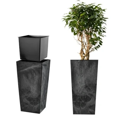 Afbeelding van KADAX Bloempot, bloembak van kunststof, plantenbak voor bloemen, binnen en buiten, tuin, balkon, terras, huis, weerbestendig, imitatie rotan (68 cm hoog, betonzwart)