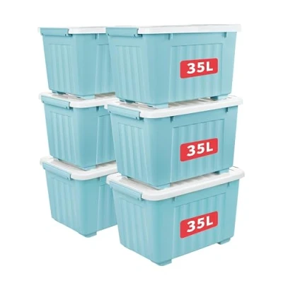 Afbeelding van Cetomo 35L x 6 opbergdozen met wielen, plastic opbergdoos deksel, vergrendelingsgespen, kliksluiting, stapelbaar, nesten, duurzame organizer voor thuiskantoorkleding, blauw, stuks