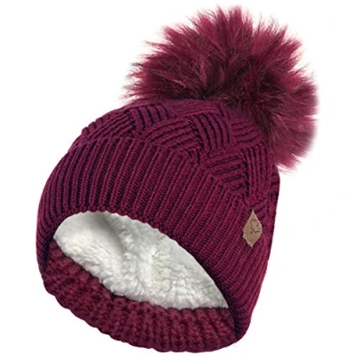 Afbeelding van RockJock Dames warme dikke diamant kabel gebreide muts met thermische teddy fleece voering en afneembare faux bont pompom, Bordeaux, One size