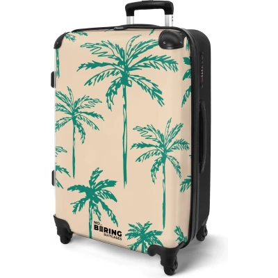Afbeelding van NoBoringSuitcases.com® Koffer groot Rolkoffer lichtgewicht Beige met groene palmbomen print Reiskoffer 4 wielen Grote trolley XL 20 kg bagage