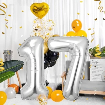 Afbeelding van Ballonnen verjaardag 17 zilver 100 cm ballon cijfer 17, nummer Happy Birthday decoratie, ballonnen, verjaardagsfeest, jaren vliegen dankzij helium