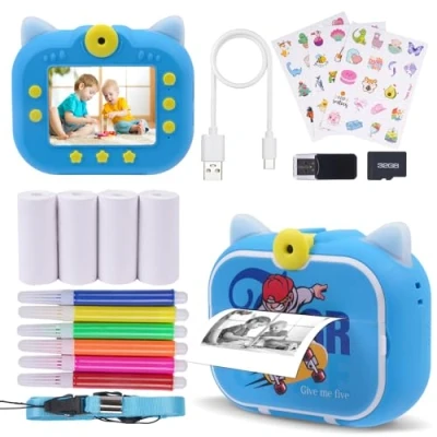 Afbeelding van DYNASONIC Instant Kids Camera (2e Generatie Skater). Digitale foto en videocamera. 48MP. 2,5k UHD. SD 32GB, 4 digitaal drukpapier. Cadeau voor kinderen van 3 tot 14 jaar oud