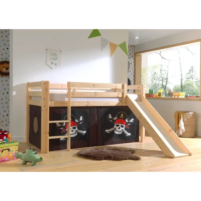 Afbeelding van LUCEVI Pino Halfhoogslaper H115CM + Ladder Glijbaan Caribian Pirates Gordijntjes Bruin 90x200 cm