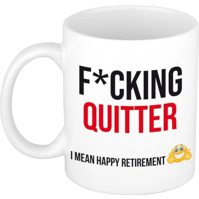 Afbeelding van Fcking quitter cadeau mok / beker wit en zwart VUT/ pensioen afscheidscadeau personeel collega feest mokken