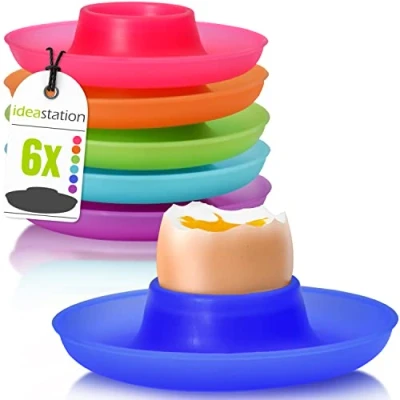 Afbeelding van idea station NEO plastic eierdopje 6 stuks, 9,5 cm, kleurrijk, gekleurd, herbruikbaar, onbreekbaar, rond, stapelbaar, overloopbeveiliging, eierhouder, camping, kinderen