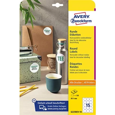 Afbeelding van AVERY Zweckform 6225REV 10 ronde etiketten (150 kleefpunten, Ø 51 mm op A4, stickers om te printen, weer zonder resten verwijderen/te verwijderen, zelfklevende jametiketten), vellen, wit