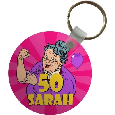 Afbeelding van Sleutelhanger Jubileum 50 Jaar Sarah Vrouw Plastic Rond Uitdeelcadeautjes
