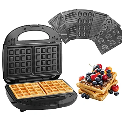 Afbeelding van Tosti ijzer 7 in 1, elektrische paninimaker, sandwichmachine, 750 W, anti aanbaklaag en afneembare platen, Wafelijzer, broodrooster, LED display, automatische thermostaat