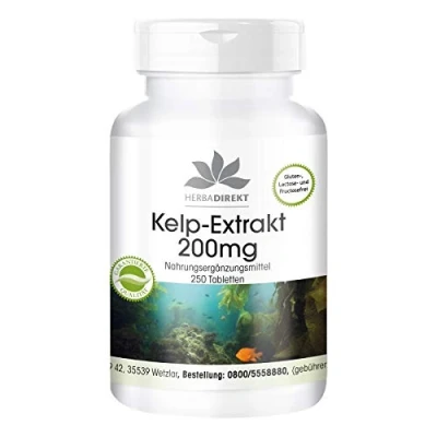 Afbeelding van Kelp extract 200mg hoge dosering veganistisch 250 tabletten natuurlijk jodium HERBADIREKT by Warnke Vitalstoffe Duitse apothekerskwalitei
