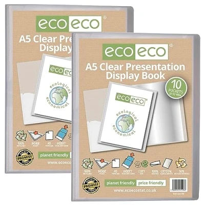 Afbeelding van eco A5 formaat 50 procent gerecycled 10 Pocket Clear Presentatie Display Book, Opbergkoffer Portfolio Art Folder met Plastic Mouwen, Pack van 2, eco126x2