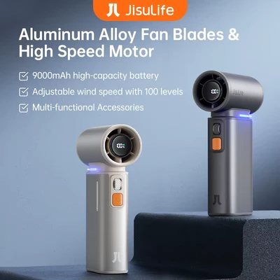 Afbeelding van Jisulife 2 in 1 mini ventilator met air duster functie, krachtige reisventilator, stijlvolle mentale ventilator, klein, handventilator, 100 snelheden, led display, bruin