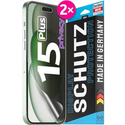 Afbeelding van S.E Beschermfolie voor iPhone 15 Plus, privacy, privacyfolie, 2 x folies in een set uit Duitsland, Plus matte folie, anti spy stofvrij en zonder luchtbellen, privacyfolie