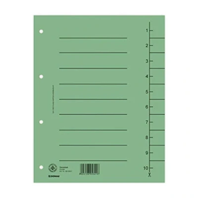 Afbeelding van DONAU 8610001 06 100 stuks scheidingsbladen, kleur: groen/kartonnen tabbladen overbreed van gerecycled karton 250 g/m² met lijnopdruk voor DIN A4 4 voudige perforatie scheidingsbladen mappen