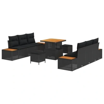 Afbeelding van vidaXL 9 delige tuin sofa set met kussens zwart poly rattan acacia