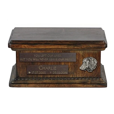 Afbeelding van Art Dog Custom Low Memorial Urn Handgemaakt koud gegoten bronzen portret op berkenbasis Gepersonaliseerde hondencrematiedoos 8,3x11,4x4,3 Teckel (langharig) klassiek