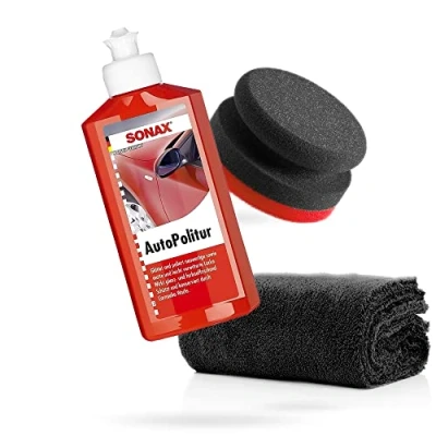 Afbeelding van detailmate Sonax Handpolijstset, autopolitoer voor kleur en metallic lak 250 ml + handpolijstspons puck in composietopbouw hard Ø90/50 mm Edgeless Superfleece microvezel polijstdoek