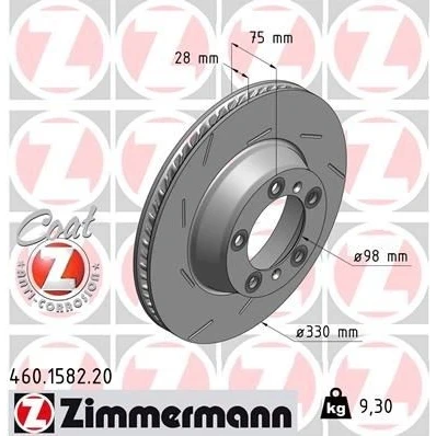 Afbeelding van ZIMMERMANN Remschijf COAT Z 330mm 28mm 7/5 5 gat 130mm interne ventilatie, Gekerft Gecoat 460.1582.20 298615601A,97035240300,971615601P Remschijven