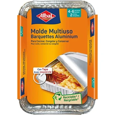 Afbeelding van Albal Multifunctionele aluminium vormen, rechthoekige mal met deksel voor het koken, invriezen en conserveren van levensmiddelen, wegwerp platen, 31 x 21 4 cm, 6 porties, 2