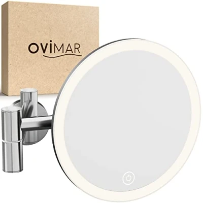 Afbeelding van ovimar cosmeticaspiegel Vorupor met licht oplaadbaar wandmontage voor boren in de badkamer 5x vergrotende spiegel make up 360 graden