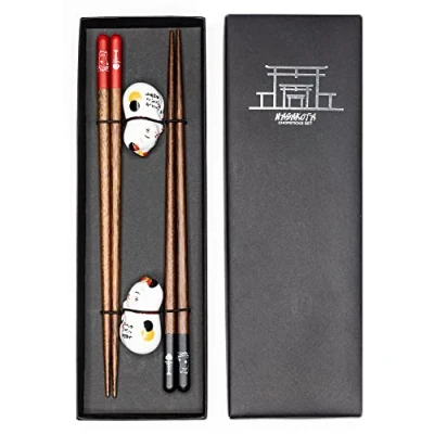 Afbeelding van Houten eetstokjes set met keramische panda rust (Lucky Cat)