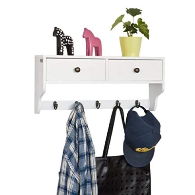 Afbeelding van SoBuy FRG178 W wandkast wandgarderobe wandrek hangrek met 2 laden en 5 haken wit