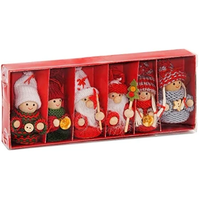 Afbeelding van BRUBAKER 6 delige Set Kerstkabouters van Hout en Touw Boomhanger Kersthanger 8 cm in Geschenkdoosje Rood
