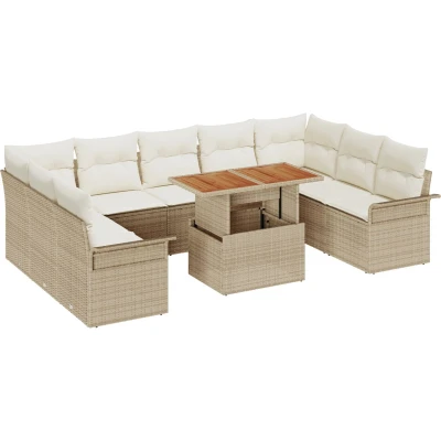 Afbeelding van vidaXL 10 delige Tuin Eettafel Set met Kussens Beige Poly Rattan Acacia