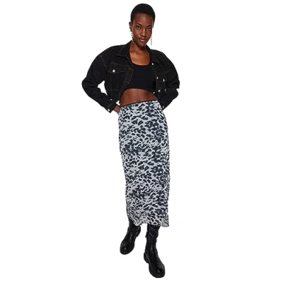 Afbeelding van Trendyol Zwarte Tailledetail Bedrukte Flexibele Tule Maxi Gebreide Rok Twoaw24Et00124
