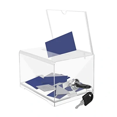 Afbeelding van Acryl dispenserbox, spaarpot, afsluitbaar, transparante stembus met sleutel, geldkist, aanbevolen doos, opbergdoos voor commenten, donaties en visitekaartjes verzamelen (15,9 x 11,4 10,2 cm)