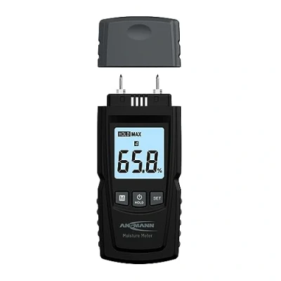 Afbeelding van ANSMANN vochtmeter met groot lcd display, eenvoudige keuze uit 4 houten groepen of bouwmaterialen. De maakt professionele meting van vocht in hout en bouwmaterialen mogelijk