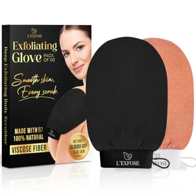 Afbeelding van L&#039;Exfose 2 x scrubhandschoen voor lichaam en gezicht, Kessa handschoen van natuurlijke viscose, verwijdert dode cellen, hydrateert de huid, spa sensatie thuis, perfect cadeau Moederdag