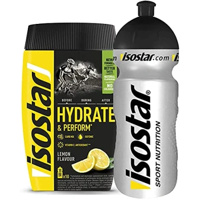 Afbeelding van Isostar Hydrate &amp; Perform Iso Drink 400 g isotoon drankpoeder elektrolytpoeder ter ondersteuning van de sportieve prestaties citroen + 0,5 liter fles