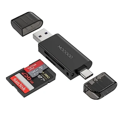 Afbeelding van MOGOOD SD kaartlezer, USB 2.0 geheugenkaartlezer, Micro Adapter Dual Connector voor SDXC, SDHC, SD, MMC, RS SDHC kaart, Ondersteuning UHS I kaart Compatibel met Windows