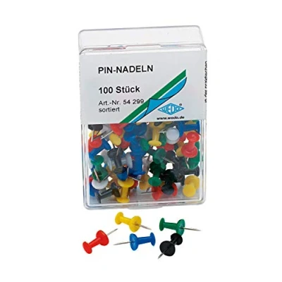 Afbeelding van Wedo 54299 Pinaalden Diabolo vorm, lengte 2,3 cm, kopdiameter 9 mm, naald 1,1 100 stuks in transparant doosje, verschillende kleuren