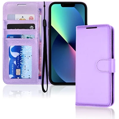 Afbeelding van TECHGEAR Leren portemonneehoesje voor iPhone 13 Mini, flip beschermhoes met portemonnee kaarthouder, standaard en polsband paars PU leer magnetische sluiting, ontworpen Mini 5,4