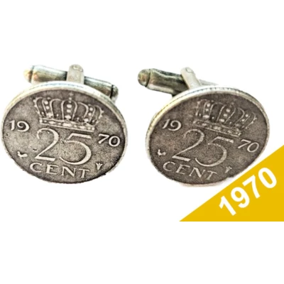 Afbeelding van Manchetknopen Kwartje 1970 Verzilverd Uniek en Stijlvol Sieraad met Jaartal Cadeau Geboortejaar Alle Jaartallen Beschikbaar Doorsnede 1,8 cm