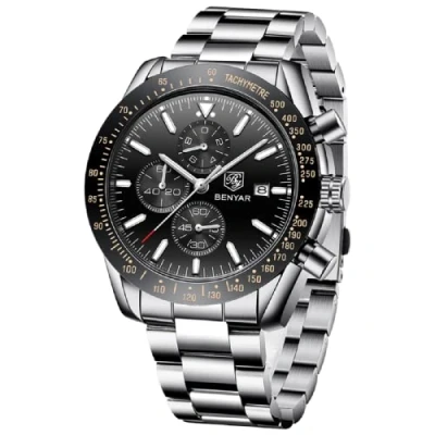 Afbeelding van Benyar Horloges voor heren, analoog, kwarts, chronograaf, 30 m waterdicht, oplichtende datum, polshorloge, casual, business, designer horloges, klassiek, elegant cadeau, Zilver Zwart A, Klassiek