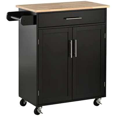Afbeelding van HOMCOM Keukenwagen op wieltjes, serveerwagen keukeneiland met kastlade en theedoekhouder, 83 b x 45 d 91,5 h cm, zwart