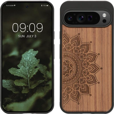 Afbeelding van kwmobile telefoonhoesje geschikt voorGoogle Pixel 9 Pro XL Hoesje met bumper walnoothout In donkerbruin Opkomende Zon design